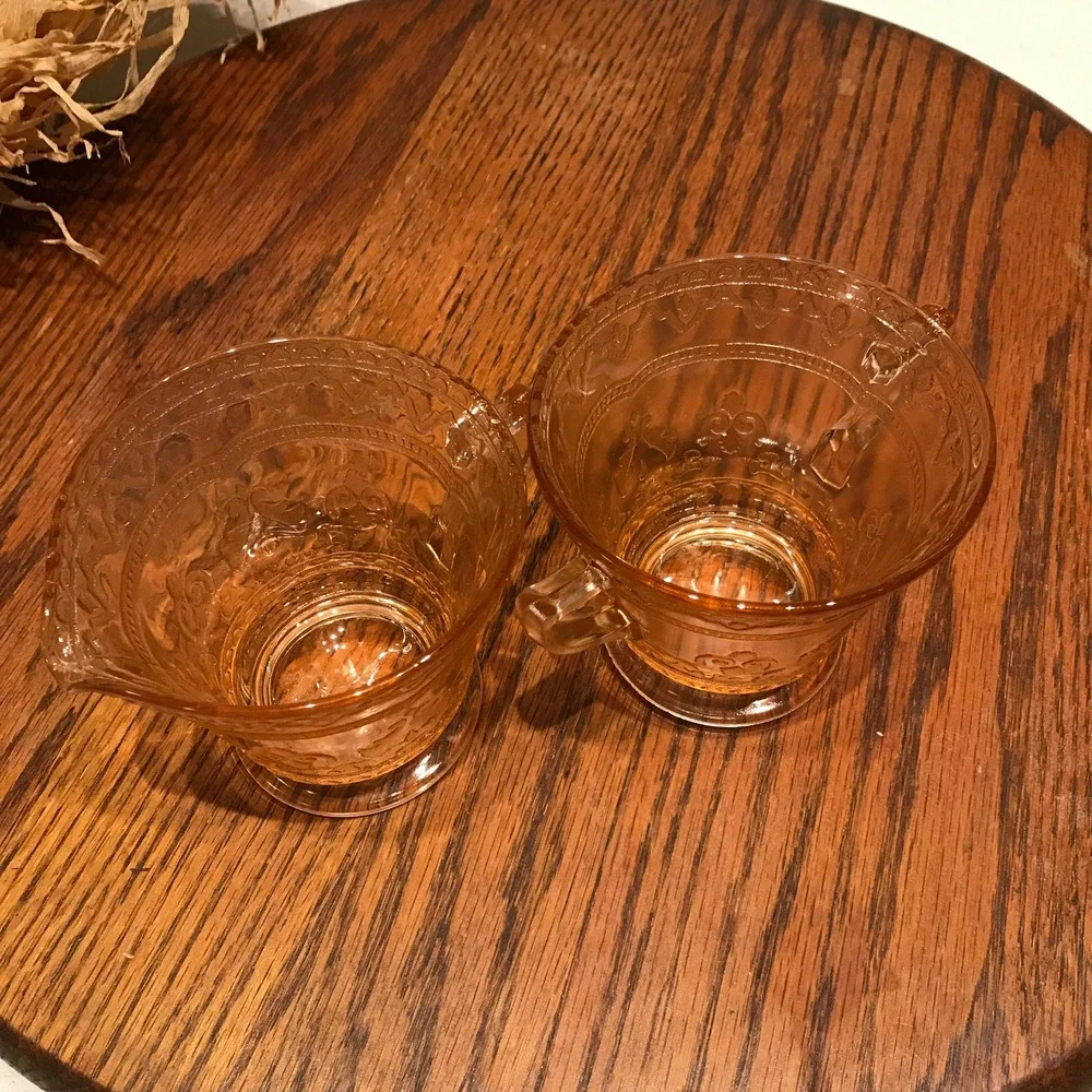 Pink/Amber Depression Glass Creamer and‎ Sugar Bowl